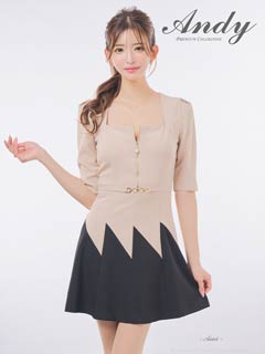 3/5新作![Andy]フロントジップバイカラーベルトモチーフ五分袖Aラインミニ丈キャバドレス[AN-OK3006]