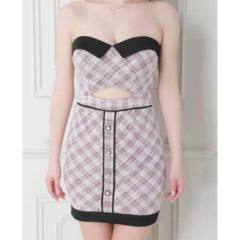 3/5新作![an]チェック柄ウエストカットバックリボンベアタイトミニ丈キャバドレス[AOC-4016](ピンク-Sサイズ)