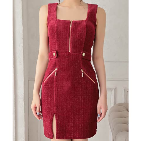 3/12新作![an]ノースリーブスクエアネックファスナースリットタイトミニ丈キャバドレス[AOC-3984](ワインレッド-XSサイズ)