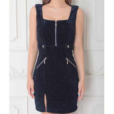 3/18再販![an]ノースリーブスクエアネックファスナースリットタイトミニ丈キャバドレス[AOC-3984](ネイビー-XSサイズ)