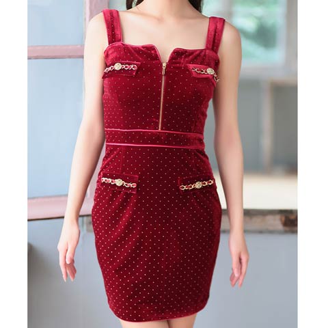 3/12新作![an]ベロアドットノースリーブフロントジップタイトミニ丈キャバドレス[AOC-4012](ワインレッド-XSサイズ)