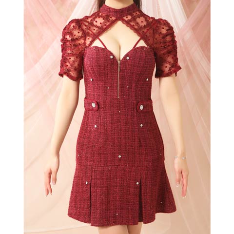 3/12新作![an]ビジューツイード谷間ジップシアーレース半袖Aラインミニ丈キャバドレス[AOC-3980](ワインレッド-XSサイズ)