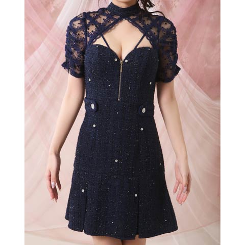 3/12新作![an]ビジューツイード谷間ジップシアーレース半袖Aラインミニ丈キャバドレス[AOC-3980](ネイビー-XSサイズ)