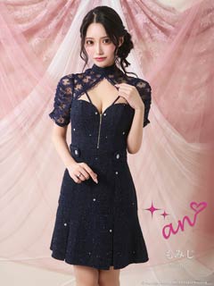 3/12新作![an]ビジューツイード谷間ジップシアーレース半袖Aラインミニ丈キャバドレス[AOC-3980]