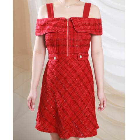 3/12新作![an]オフショルチェックツイードフロントジップAラインミニ丈キャバドレス[AOC-4010](レッド-Sサイズ)