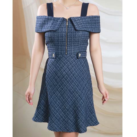 3/12新作![an]オフショルチェックツイードフロントジップAラインミニ丈キャバドレス[AOC-4010](ネイビー-Sサイズ)