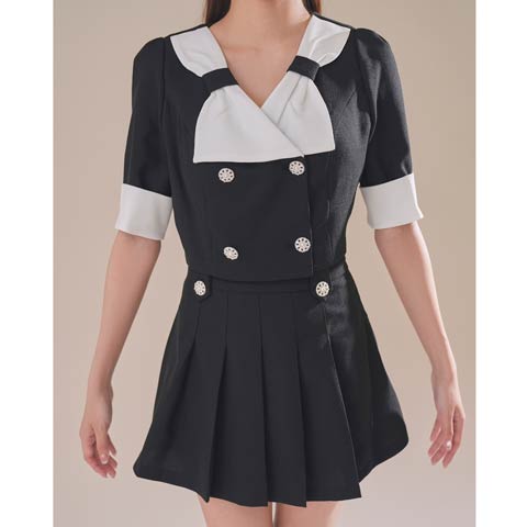 3/12新作![Andy]バイカラーリボンモチーフビジューボタン五分袖Aラインミニ丈セットアップ[AN-OK2976](ブラック-Sサイズ)