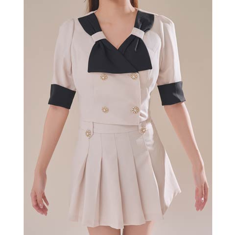 3/12新作![Andy]バイカラーリボンモチーフビジューボタン五分袖Aラインミニ丈セットアップ[AN-OK2976](ベージュ-Sサイズ)