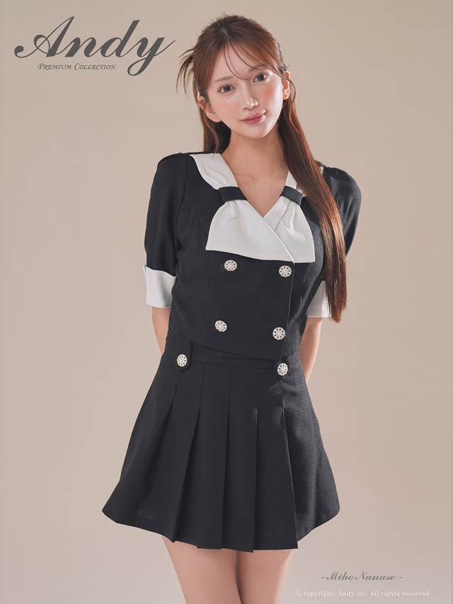 3/12新作![Andy]バイカラーリボンモチーフビジューボタン五分袖Aラインミニ丈セットアップ[AN-OK2976]