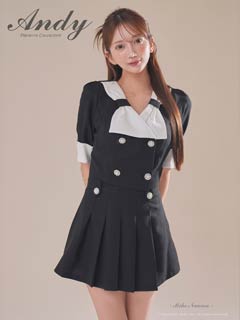 3/12新作![Andy]バイカラーリボンモチーフビジューボタン五分袖Aラインミニ丈セットアップ[AN-OK2976]