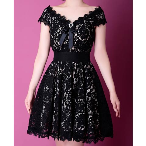 3/12新作![Andy]シアーレースビジューブローチリボンベルト付きAラインミニ丈キャバドレス[AN-OK2156](ブラック×ベージュ-Sサイズ)