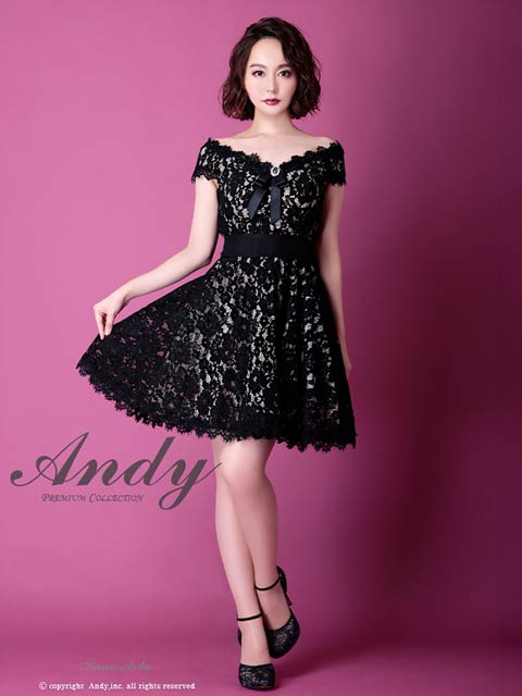 3/12新作![Andy]シアーレースビジューブローチリボンベルト付きAラインミニ丈キャバドレス[AN-OK2156]