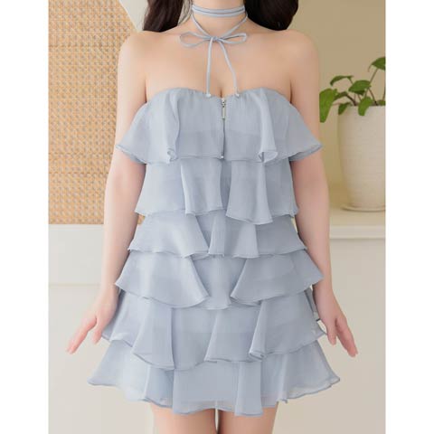 3/12新作![an]チョーカー付きシフォンティアードフリル胸元ジップベアAラインミニ丈キャバドレス[AOC-4087](ブルー-Sサイズ)