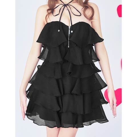 3/12新作![an]チョーカー付きシフォンティアードフリル胸元ジップベアAラインミニ丈キャバドレス[AOC-4087](ブラック-Sサイズ)