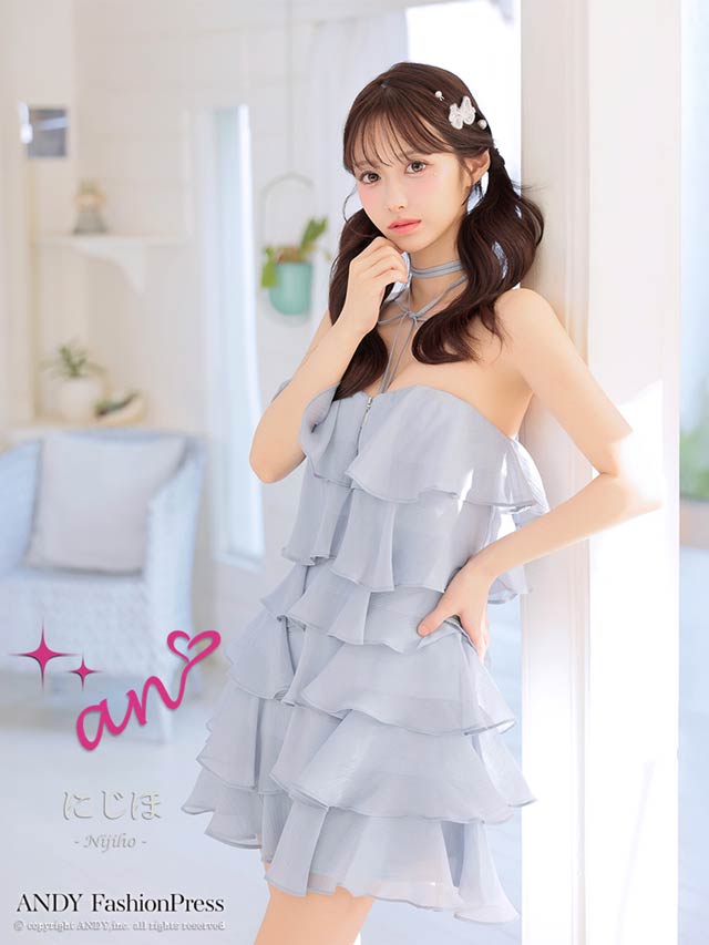 3/12新作![an]チョーカー付きシフォンティアードフリル胸元ジップベアAラインミニ丈キャバドレス[AOC-4087]