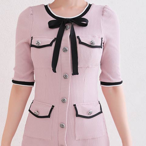 3/12新作![Andy]バイカラーネックリボンフロントボタン五分袖リブタイトミニ丈キャバドレス[AN-OK2742](ピンク×ブラック-Sサイズ)