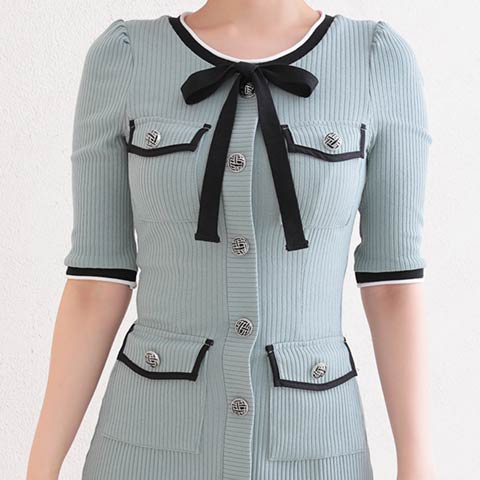 3/12新作![Andy]バイカラーネックリボンフロントボタン五分袖リブタイトミニ丈キャバドレス[AN-OK2742](ミント×ブラック-Sサイズ)