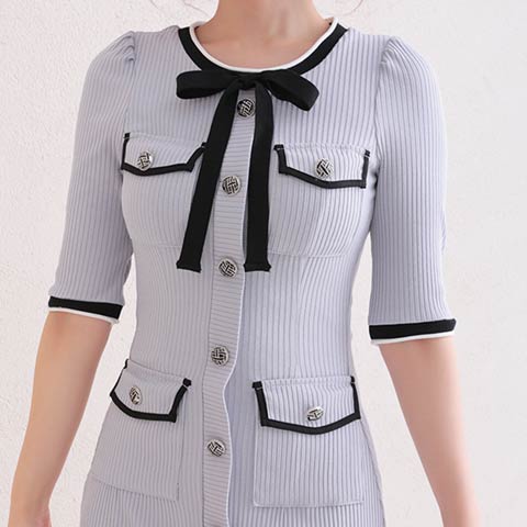 3/12新作![Andy]バイカラーネックリボンフロントボタン五分袖リブタイトミニ丈キャバドレス[AN-OK2742](グレー×ブラック-Sサイズ)