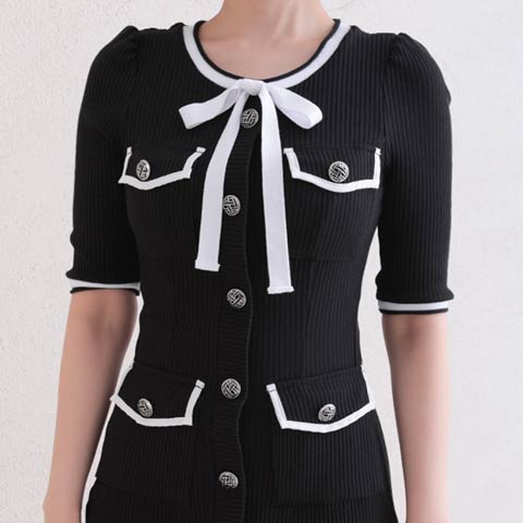 3/12新作![Andy]バイカラーネックリボンフロントボタン五分袖リブタイトミニ丈キャバドレス[AN-OK2742](ブラック×ホワイト-Sサイズ)