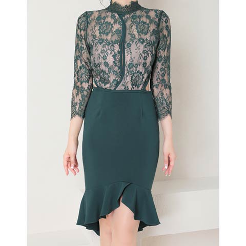 3/12新作![Andy]ハイネックフラワーレースウエストカット七分袖マーメイド膝丈キャバドレス[AN-OK2808](グリーン-Sサイズ)