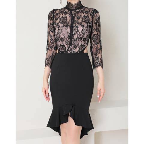 3/12新作![Andy]ハイネックフラワーレースウエストカット七分袖マーメイド膝丈キャバドレス[AN-OK2808](ブラック×ベージュ-Sサイズ)