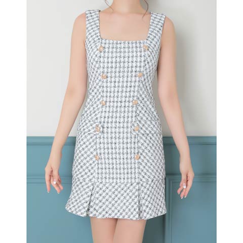 3/12新作![Andy]チェックツイードノースリーブダブルボタンプリーツAラインミニ丈キャバドレス[AN-ON2745](ブラック×ホワイト-Mサイズ)