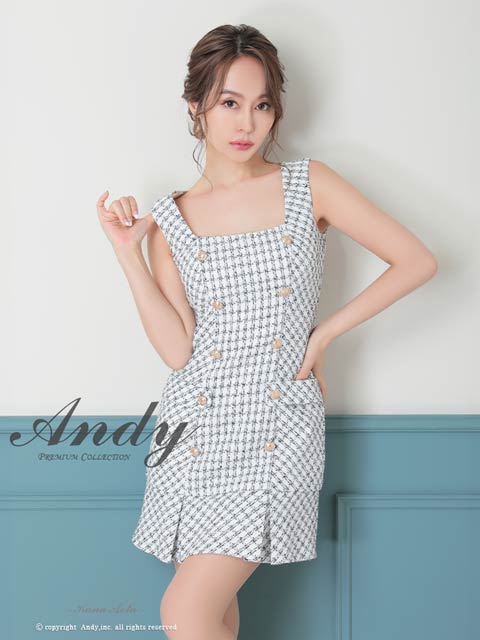 3/12新作![Andy]チェックツイードノースリーブダブルボタンプリーツAラインミニ丈キャバドレス[AN-ON2745]