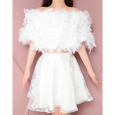 3/12新作![an]オフショルフェザー五分袖Aラインミニ丈セットアップキャバドレス[AOC-3736](ホワイト-Sサイズ)