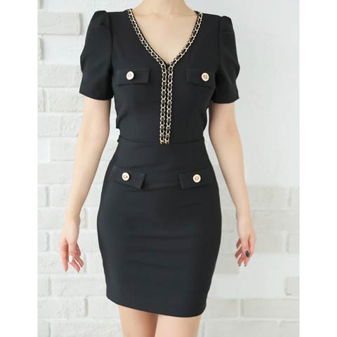 3/12新作![Andy]Vネックチェーン胸元ジップバックリボン半袖タイトミニ丈キャバドレス[AN-ON2827](ブラック-Sサイズ)