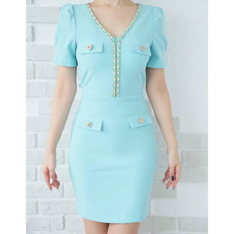 3/12新作![Andy]Vネックチェーン胸元ジップバックリボン半袖タイトミニ丈キャバドレス[AN-ON2827](ミント-Sサイズ)