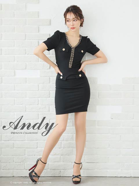 3/12新作![Andy]Vネックチェーン胸元ジップバックリボン半袖タイトミニ丈キャバドレス[AN-ON2827]
