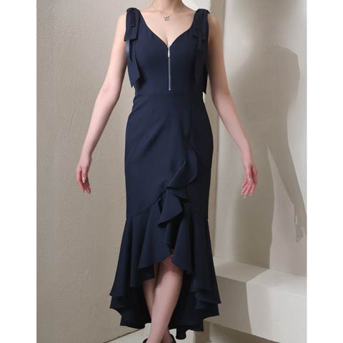 3/12新作![Andy]ノースリーブジップショルダーリボンフィッシュテールマーメイドロング丈キャバドレス[AN-ON3011](ネイビー-Sサイズ)