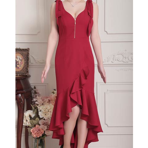 3/18再販![Andy]ノースリーブジップショルダーリボンフィッシュテールマーメイドロング丈キャバドレス[AN-ON3011](レッド-XSサイズ)