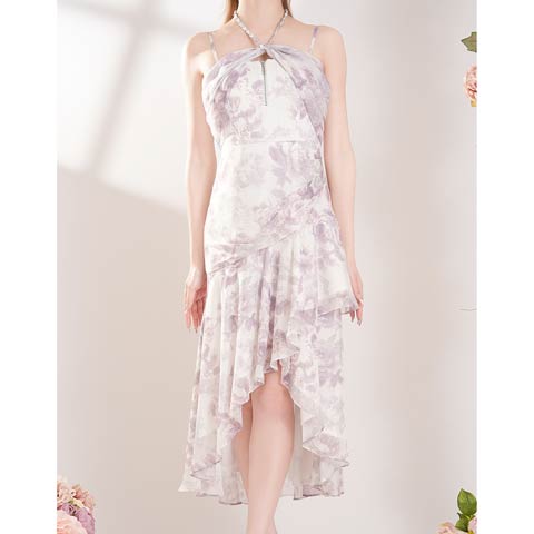 3/12新作![an]フラワープリントクロスホルターフィッシュテールAラインロング丈キャバドレス[AOC-4072](ピンク-Sサイズ)