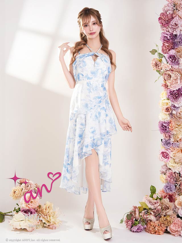 3/12新作![an]フラワープリントクロスホルターフィッシュテールAラインロング丈キャバドレス[AOC-4072]