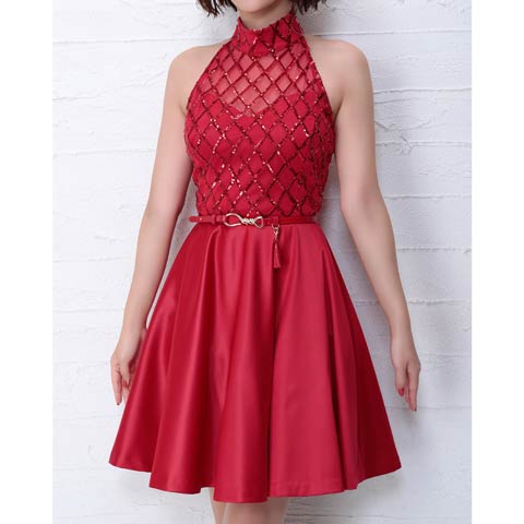 3/12新作![Andy]スパンコールホルターネックベルト付きAラインミニ丈キャバドレス[AN-OK2457](レッド-Sサイズ)