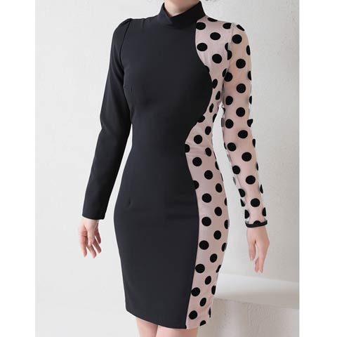 3/12新作![Andy]ハイネックアシメドットヌーディー長袖タイトミニ丈キャバドレス[AN-OK2695](ブラック×ベージュ-Sサイズ)