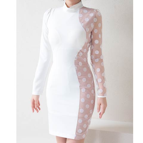 3/12新作![Andy]ハイネックアシメドットヌーディー長袖タイトミニ丈キャバドレス[AN-OK2695](ホワイト×ベージュ-Sサイズ)