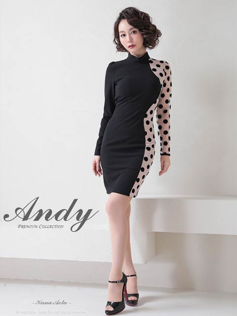 3/12新作![Andy]ハイネックアシメドットヌーディー長袖タイトミニ丈キャバドレス[AN-OK2695]