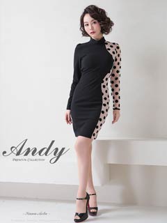 3/12新作![Andy]ハイネックアシメドットヌーディー長袖タイトミニ丈キャバドレス[AN-OK2695]