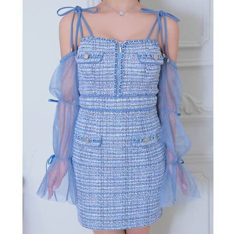 3/12新作![an]2way袖付きツイードリボンショルダー胸元ジップタイトミニ丈キャバドレス[AOC-3861](ブルー-XSサイズ)