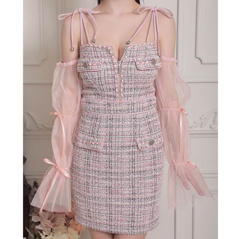 3/12新作![an]2way袖付きツイードリボンショルダー胸元ジップタイトミニ丈キャバドレス[AOC-3861](ピンク-XSサイズ)