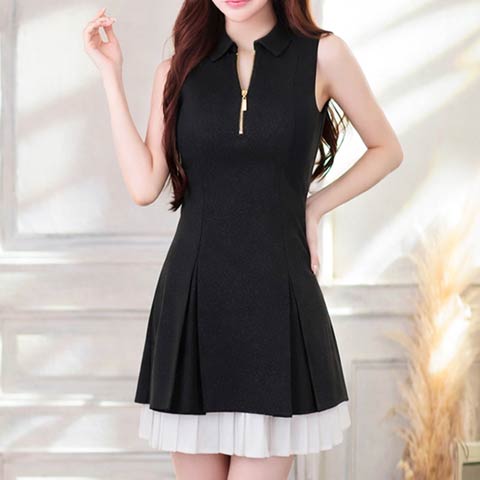 3/12新作![an]バイカラー襟付きノースリーブフロントジッププリーツAラインミニ丈キャバドレス[AOC-4089](ブラック-Sサイズ)