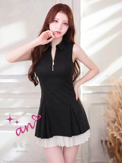 3/12新作![an]バイカラー襟付きノースリーブフロントジッププリーツAラインミニ丈キャバドレス[AOC-4089]