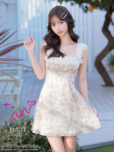 3/12新作![an]ノースリーブジップフラワープリントフリルレースAラインミニ丈キャバドレス[AOC-4084]