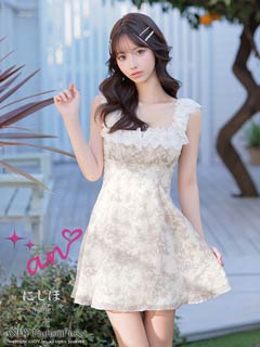 3/12新作![an]ノースリーブジップフラワープリントフリルレースAラインミニ丈キャバドレス[AOC-4084]