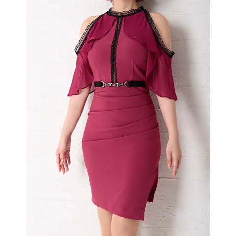 3/12新作![Andy]オープンショルダーフリル五分袖ベルトモチーフタイトミニ丈キャバドレス[AN-OK2405](ダークピンク-Sサイズ)