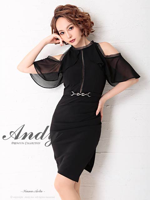 3/12新作![Andy]オープンショルダーフリル五分袖ベルトモチーフタイトミニ丈キャバドレス[AN-OK2405]
