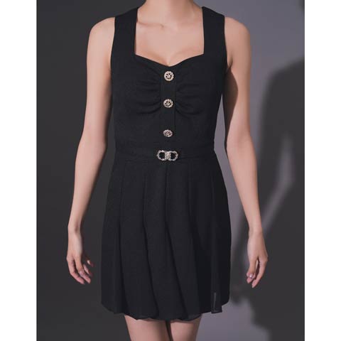 3/12新作![Andy]ノースリーブボタンギャザーベルトモチーフプリーツAラインミニ丈キャバドレス[AN-OK2972](ブラック-XSサイズ)
