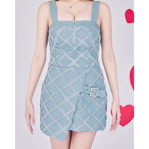 3/12新作![an]ノースリーブジップ格子柄フリンジベルトデザインタイトミニ丈セットアップ[AOC-4103](ライトブルー-Sサイズ)